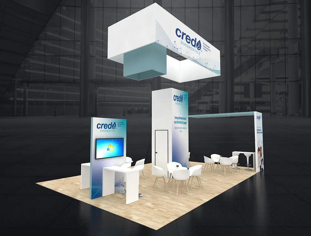 Trade booth 20x30 with corner demo stations