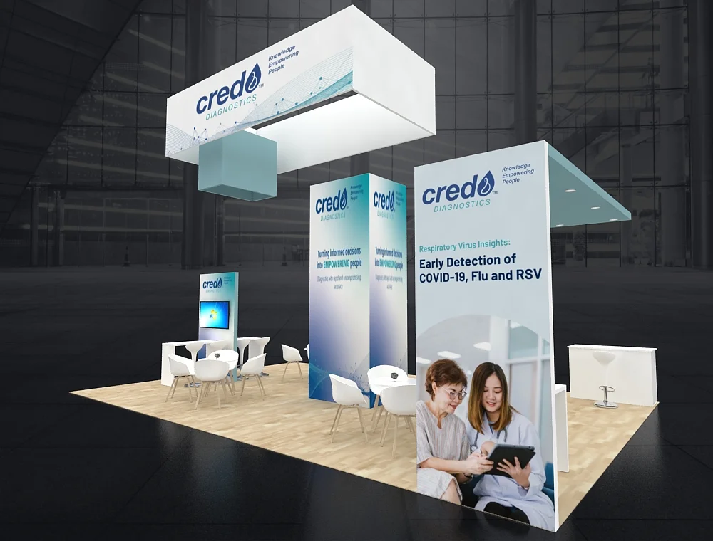 Trade booth 20x30 with corner demo stations