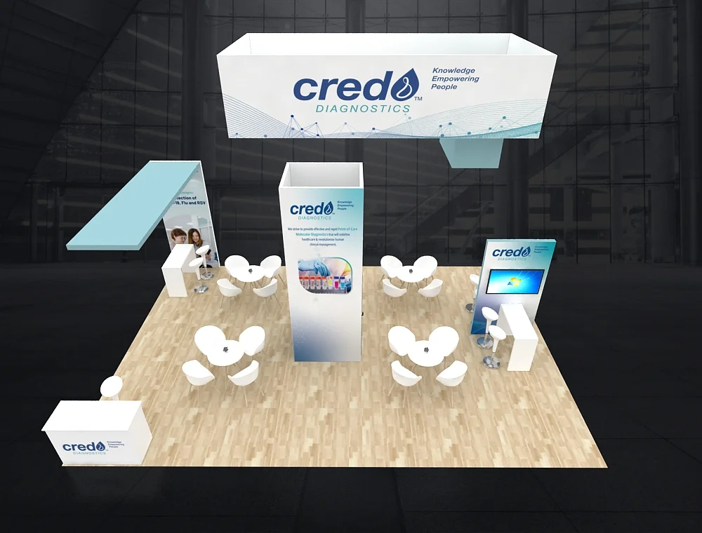 Trade booth 20x30 with corner demo stations