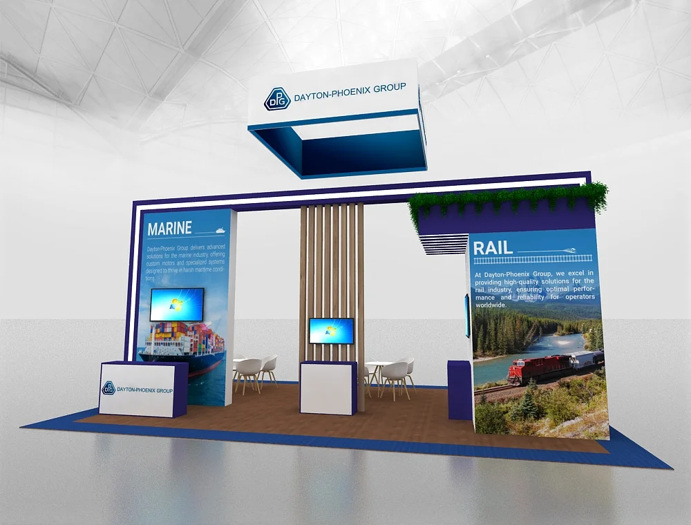 20x30 booth with hanging banner signage