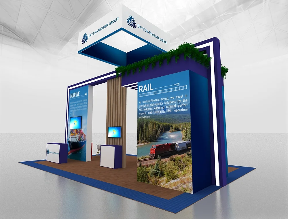 20x30 booth with hanging banner signage