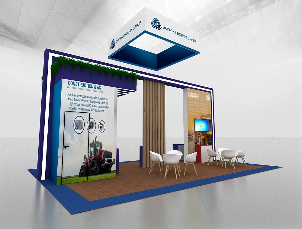 20x30 booth with hanging banner signage