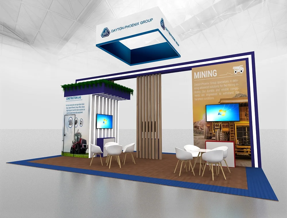 20x30 booth with hanging banner signage