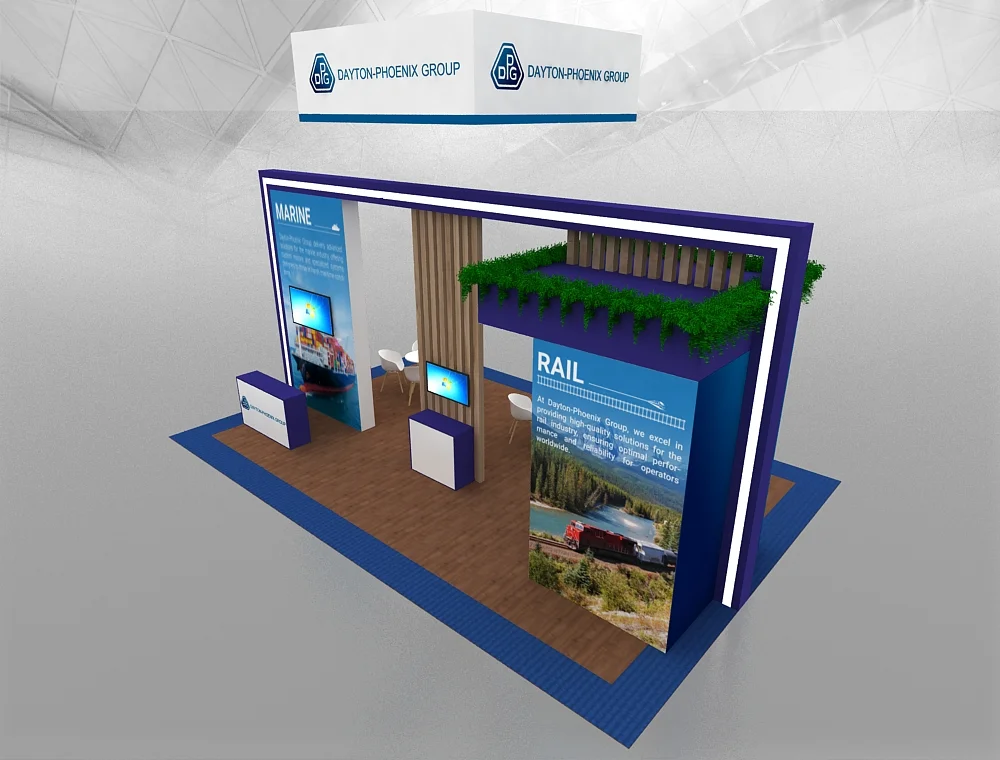 20x30 booth with hanging banner signage