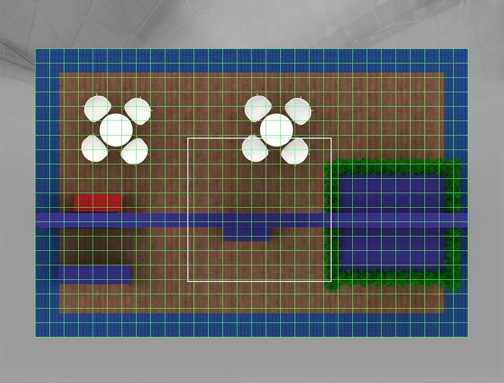 20x30 booth with hanging banner signage