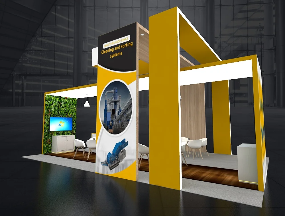 20x30 booth design with LED lighted towers