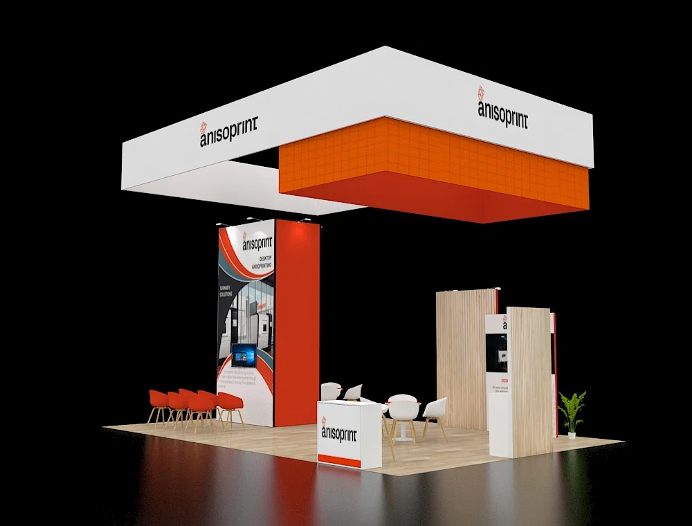 20x30 booth with illuminated logo tower