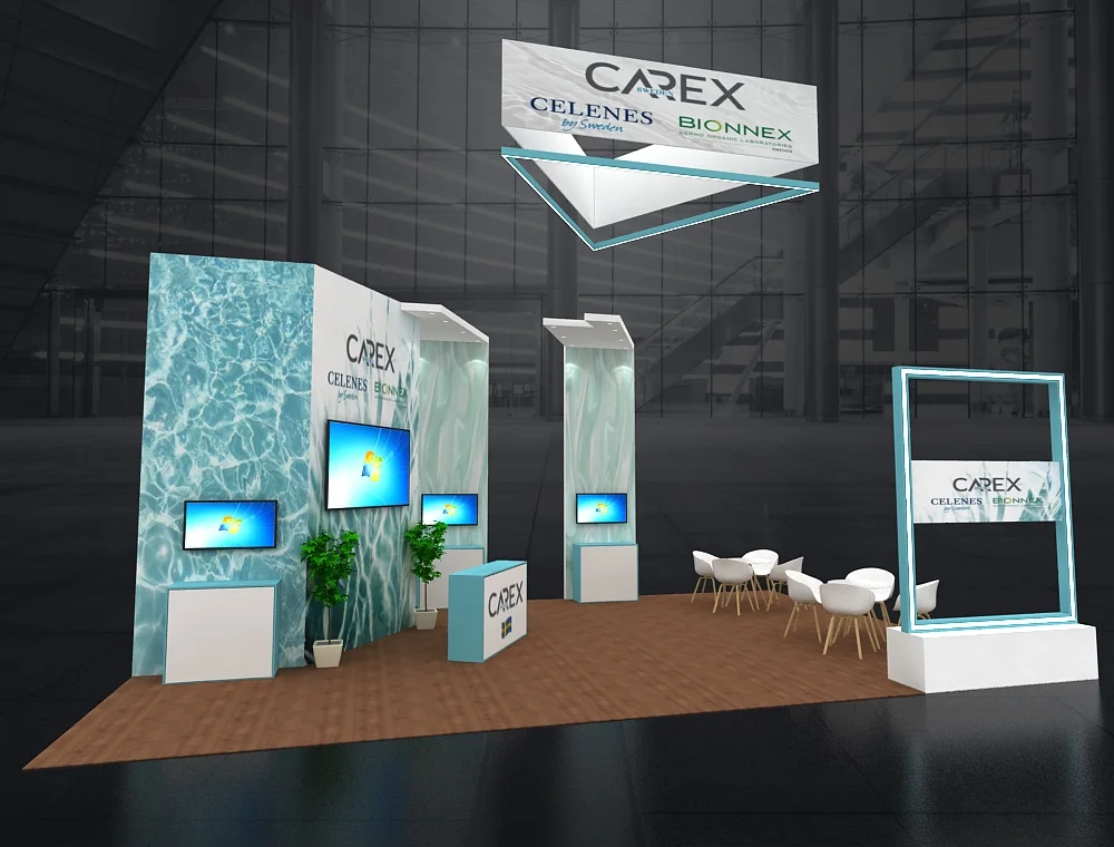 Trade booth 20x30 with demo area stations