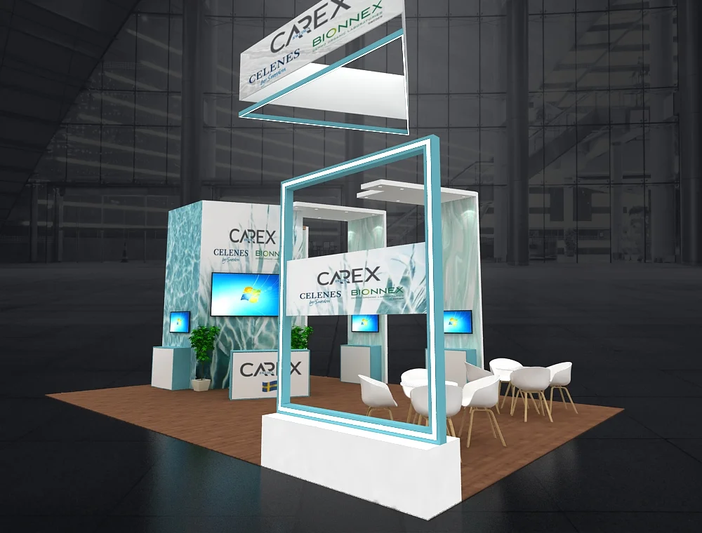 Trade booth 20x30 with demo area stations