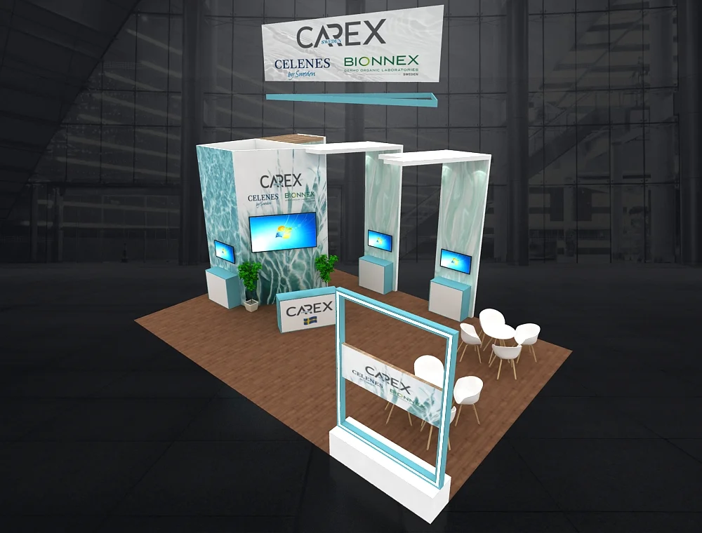 Trade booth 20x30 with demo area stations