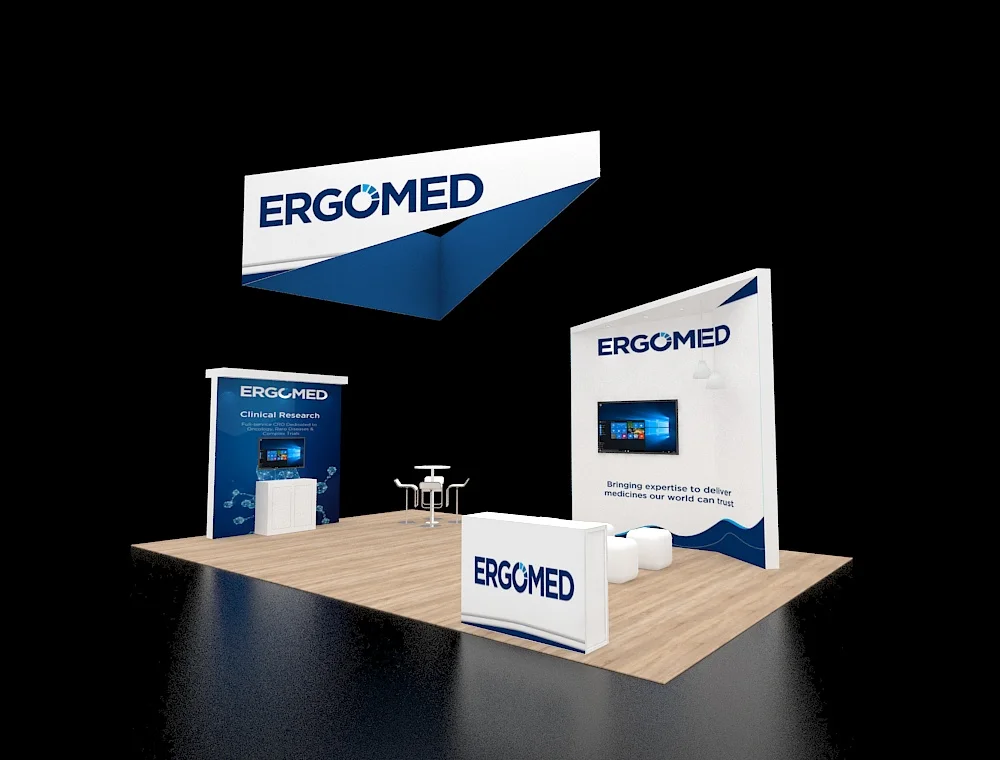 20x30 booth with curved header and counters