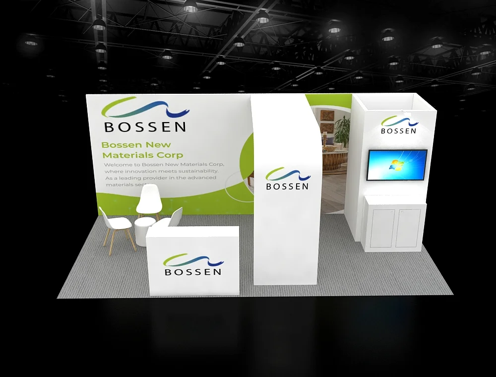10x20 trade show booth with branding, counter and graphics