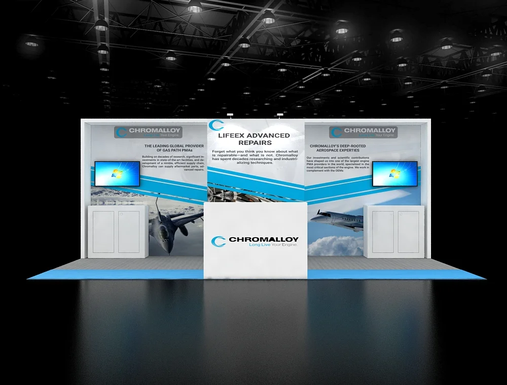 Chromalloy branded 10×20 exhibit booth with counters