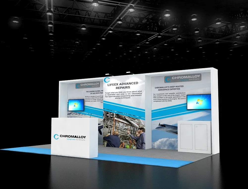 Chromalloy branded 10×20 exhibit booth with counters