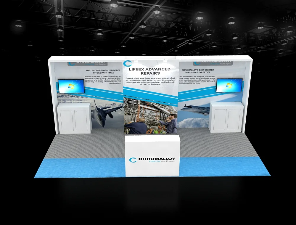 Chromalloy branded 10×20 exhibit booth with counters