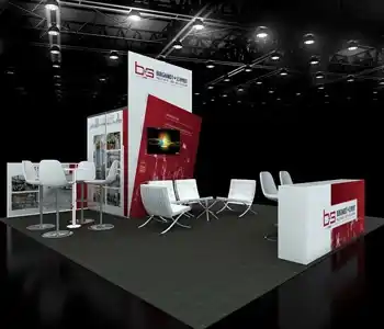 Large booth with graphics, screens, and counters