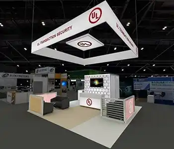 Exhibition booth with counters and demo stations