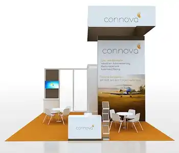 Trade show booth with open layout and branding