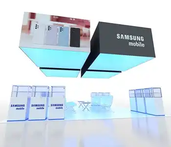Modern exhibition booth with interactive screens