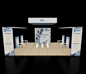 Booth with branded graphics and product shelves