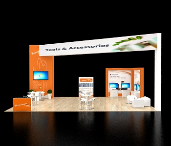 Modern trade show booth with reception counter