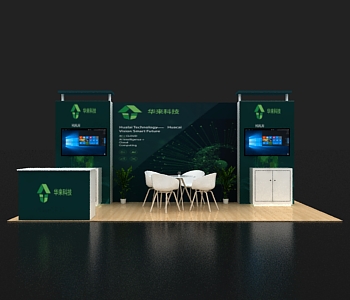 Open layout trade show booth with signage walls