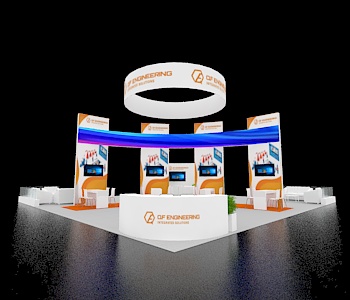 40x40 trade show booth with central demo area
