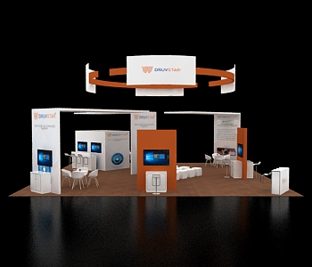 40x40 display booth with corner reception area