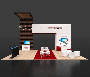 30x30 display booth with modular shelving units