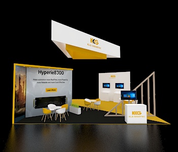 30x30 exhibit with corner counters and signage