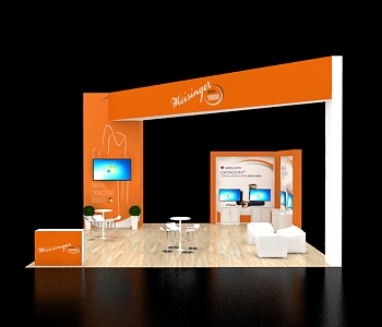 30x30 trade booth with hanging banner signage