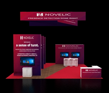 30x30 booth with modular counters and shelves