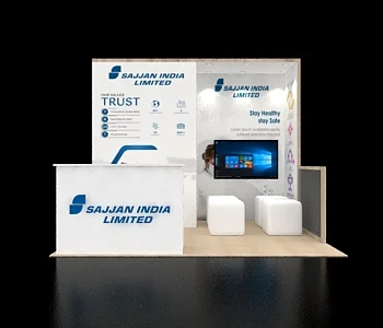 Compact 10×10 exhibit booth with illuminated shelving